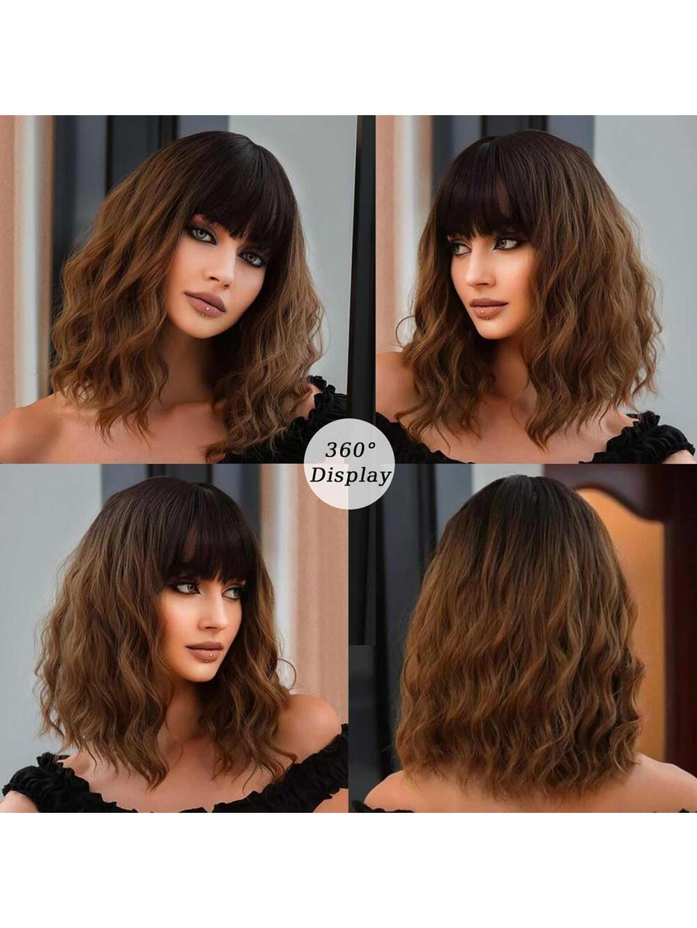 Dark Brown Wig Mixed Chestnut Short Wavy Hair 14in Natural with Bangs 3322